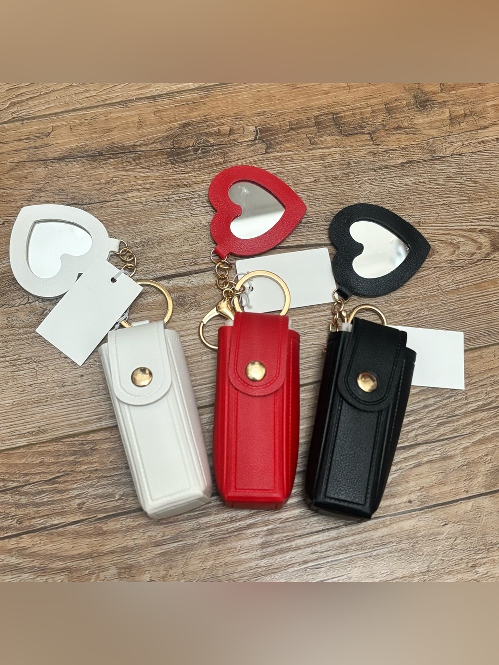 Heart Mirror Keychain Lipstick Holder - Set of 3 White, Red, Black